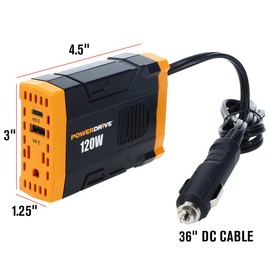 PowerDrive PWD120 120 Watt Power Inverter Slim 12v DC to 110v AC with Outlet and 2 USB Ports