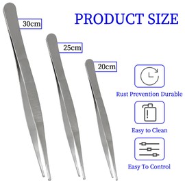Bonsicoky 3Pcs Stainless Steel Tweezer Set (8" 10" 12"), Long Tweezers with Precision Serrated Straight Tips, Non-slip Multitool Tweezer for Cooking, Repairing, Medical, Garden
