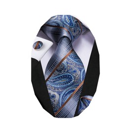 Dubulle Mens Blue Paisley Striped Tie WOVEN Necktie for Men and Handkerchief Cufflinks Set Wedding Formal Business
