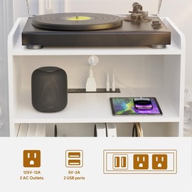 Record Player Stand, Turntable Stand with Record Storage and Charging Station & USB Ports, Record Player Table with Metal Divider, Record Stand Up to 160 Albums for Living Room, Bedroom, White