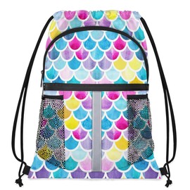 Mularoka Rainbow Fish Scale Drawstring Backpack Bag Water-resistant Draw String Back Sack with Zipper Pocket Gym Cinch Tote Soccer Basketball String Bags Sackpack for Men Women