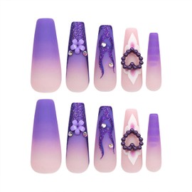 Purple Press on Nails Long Coffin Glue on Nails Ombre Square Fake Nails French Glitter Full Cover Acrylic Nails 3D Heart & Flower Artificial False Nails Extra Long Stick on Nails for Women 24 Pcs