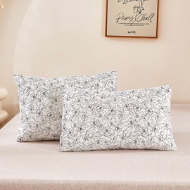 ECOCOTT 2 Pack Pillowcase Queen Size with White & Black Floral Pillow Cases Set, 100% Cotton Queen Pillow Covers Envelope Closure (Queen, 20"x30")