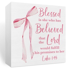 Pink Room Decor, Christian Bible Verse Decoration, Christian Gifts for Women, Pink Coquette Bow Decoration, Birthday Gifts for Women,Inspirational Wooden Box Sign Office Accessories Decor-Luke 1:45