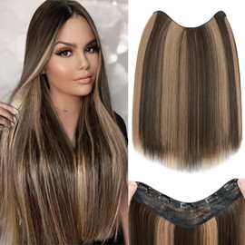 S-noilite One Piece Clip in Hair Extensions Balayage 18 Inch U-Shaped One Piece Weft Hair Extensions with 5 Clips Synthetic 3/4 Full Head Long Straight Clip in Hairpieces for Women,#8LP24L