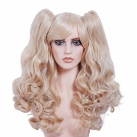 Rugelyss Long Wavy Blonde Ponytail Wigs for Women with 2 Claw Ponytails Synthetic Hair wig with bang fits for Cosplay or Cotume Party