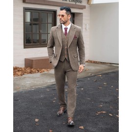 Wemaliyzd Men Suits Regular Fit Brown Suits for Men Plaid Tweed Blazer Coat Waistcoat Pants (Brown, 46R)