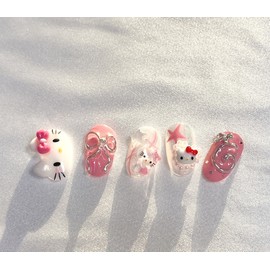 [Premium handmade embossed nail] Pink angel cat - Coffin Egg / [프리미엄 수제 엠보네일] 핑크 엔젤 고양이 - 코핀에그