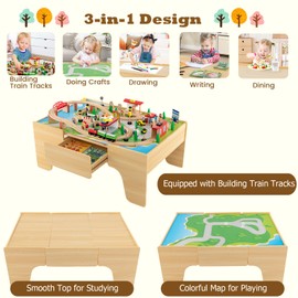 Costzon Train Table, 3-in-1 Wooden Train Set Table with Reversible 84 PCS Track Train Toys, Table Map & Storage Drawer for Building, Playing, Studying, Eating, Kids Activity Table for Toddlers Aged 3+