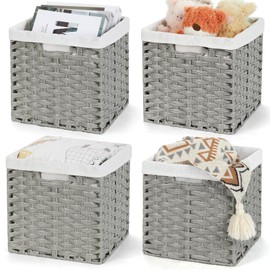 Bidtakay Wicker Cube Baskets with Liners Cube Storage Organizer for Shelves Closet 11 inch 4 Pack Decorative Hand-Woven Imitation Wicker Storage Bins for Organizing Pantry Bedroom Light Grey