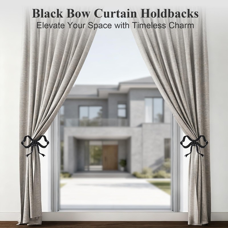 Tocemei 2 Pack Black Bow Curtain Holdbacks, Modern Matte Metal