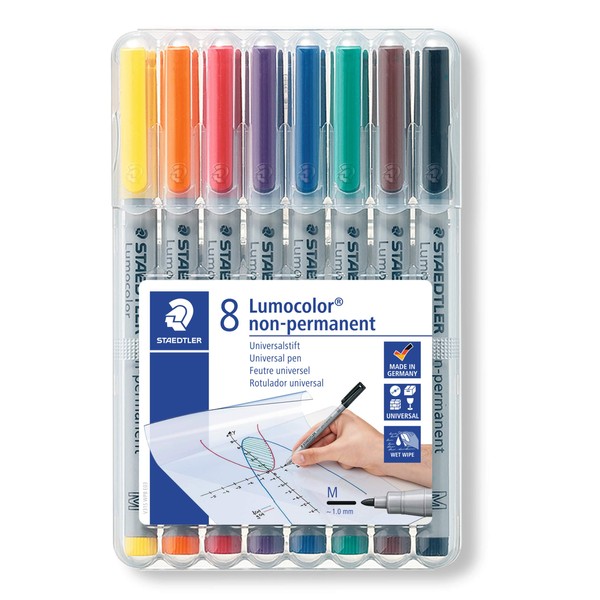 Staedtler Lumograph Non-Permanent Wet Erase Marker Pens, Medium Tip Refillable Colored Markers, 8 Pack, 315 WP8
