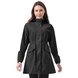 iCreek Women's Long Rain Jacket Waterproof Lightweight Packable Raincoat Hood Outdoor Windbreaker for Hiking, Cycling, Travel (Black, X-Large)
