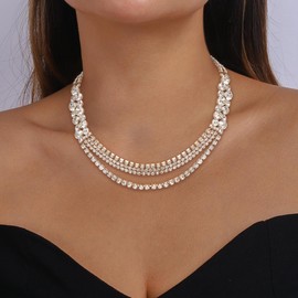 Ever Faith Sparkly Crystal Choker Necklaces for Women, Rhinestone 3 Layered Strand Collar Necklace Costume Statement Jewelry for Wedding Party Clear Gold-Tone