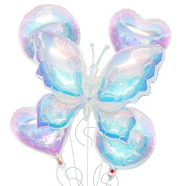 Iridescent Butterfly Foil Balloons, 5 Pcs Butterfly Heart Round Transparent Balloons for Birthday Party Decorations Fairy Princess Party Supplies