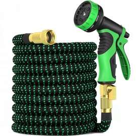 Expandable Garden Hose 25ft with 10 Function Nozzle Sprayer - Lightweight Flexible Water Hose with Durable Latex Core & Solid Brass Fittings - 25ft Retractable Stretch Hose, Black & Green