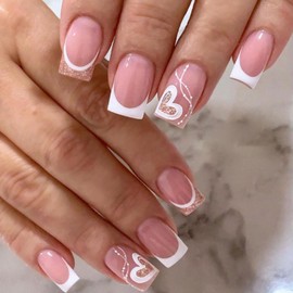 Valentines Day Press on Nails Medium Fake Nails with White French Tip Hearts Glod Glitter Designs Cute False Nails Press ons Pink Glue on Nails Glossy Valentines Stick on Nails for Women 24 Pcs
