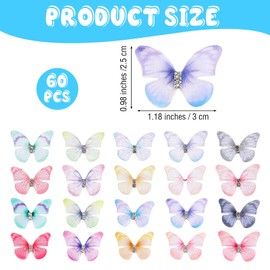 Xindojuz 60 PCS Butterflies for Crafts, Organza Fabric 3D Butterflies Lace Wings Small 2 Layers Butterfly Appliques Wall Decoration for DIY Crafts Wedding Party Clothes Ornament Home Decor, 10 Colors