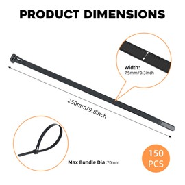 150PCS Black Releasable Cable Ties, 7.6x250mm Reusable Heavy Duty Nylon Strong Cable Ties, Strong Nylon Zip Ties Wraps for Home Office Garage and Workshop