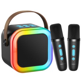 Kinglucky TOP Mini Karaoke Machine for Kids (with Fun Voice Effects & LED Lights) Christmas Birthday Gifts Toys for 3-12+ Girls, Portable Mini Karaoke Machine with 2 Wireless Microphones Black & Blue