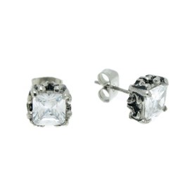 SWEETIE 8 Jewelry WHITE Vintage Style Square Claw Setting 8.5mm Mens Unisex Stainless Steel CZ Cubic Zirconium Stud Earrings , 2pc