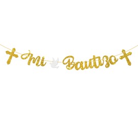 WeBenison Mi Bautizo Banner/Holy First Communion/Baby Shower/God Bless/Spanish My Bapstim Party Decoration Supplies - Gold Glitter