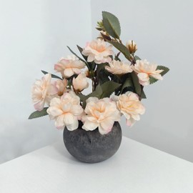 Artificial Flowers Mini Potted Plants Kit, Champagne Camellia Flower Greenery + Paper Pulp Round Vase, Small Fake Plant Potted Decor for Offices, Bookshelf, Bedroom, Living Room, Party, Wedding