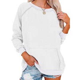 EADINVE Womens Casual Crew Neck Sweatshirt with Pockets Loose Fit Soft Long Sleeve Lightweight Pullover Tops Fall Clothes White