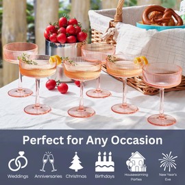 Shatterproof Acrylic Ribbed Vintage Art Deco Martini, Champagne & Cocktail Pink Color Plastic Tritan Coupe Glasses | Set of 2 | 8 oz Ripple Glassware Classic Cocktail Indoor & Outdoor, European Style