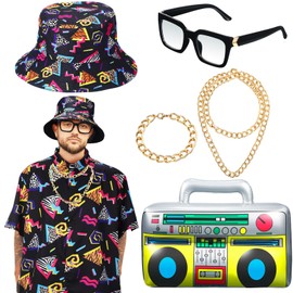 Hicarer 6 Pcs 80s 90s Outfits Accessories Set for Men Boys 80's Costume Hip Hop Costume Rapper Rocker Disco for 1980s Party (Classic Style,XL)