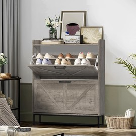 VINYUSE Shoe Cabinet with 2 Flip Drawers, Slim Shoe Organizer Cabinet for Entryway, Space-Saving Entryway Shoe Storage, Freestanding Narrow Organizer Rack with Legs, Vintage Gray