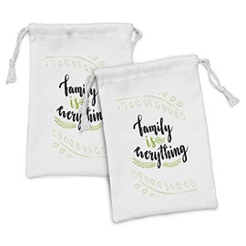Ambesonne Family Fabric Pouch Set of 2, Lettering Family is Everything Motivaonal Phrase Branches Leaves, Small Drawstring Bag for Toiletries Masks and Favors, 9" x 6", Apple Green Black White