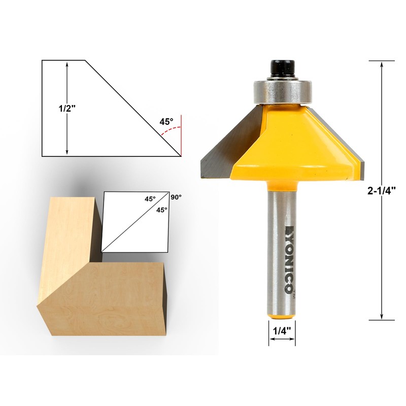 YONICO Chamfer Router Bits Edge Forming 45 Degree 1/4-Inch Shank