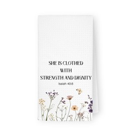JKMBN Bible Verse Christian Kitchen Towels, Watercolor Christian Gifts for Women, She is Clothed with Strength and Dignity Hand Towels Tea Towels for Kitchen Bathroom 16x24 Inch