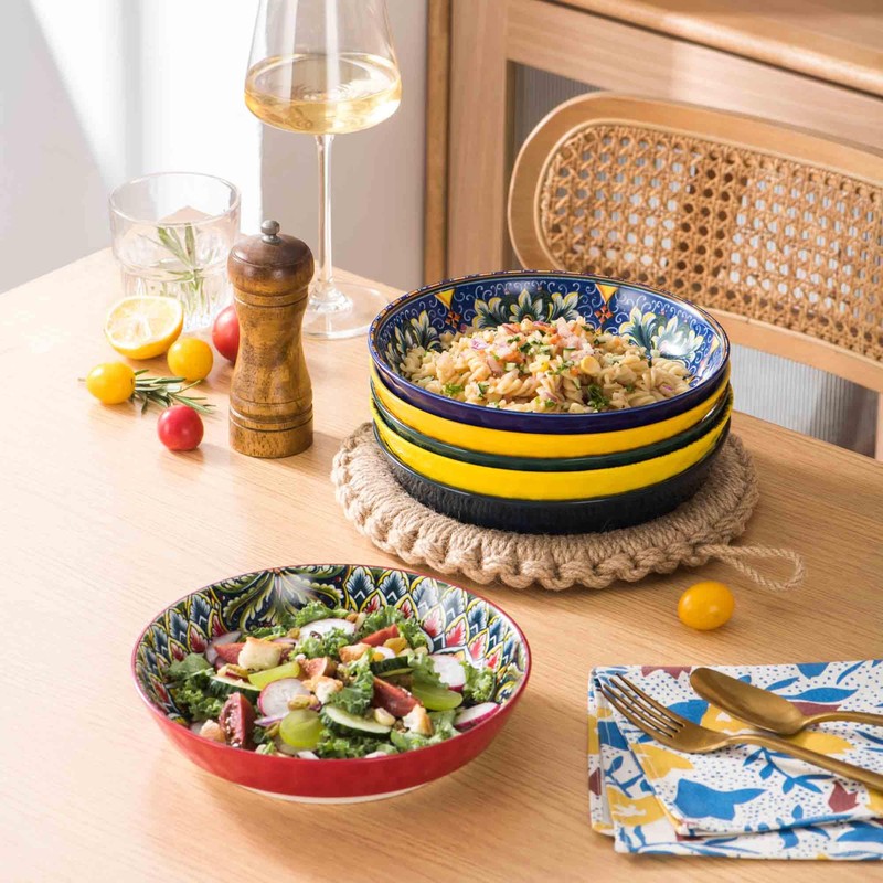 Henten Home Bohemia 32 OZ Pasta Bowls Set, Ceramic Salad