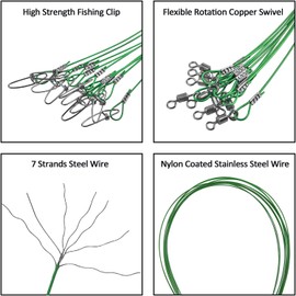 20PCS Fishing Leaders Saltwater 150LB Heavy Duty Stainless Steel Fishing Wire Leader Line High Strength Fishing Leader with Swivels Snaps Fishing Lure Rigs Black/Red/Green (Green - 20pcs)