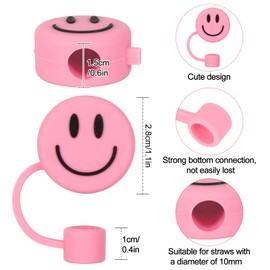 Whaline 4Pcs Gradient Color Smile Face Straw Covers 0.4 Inch Pink Green Silicone Reusable Round Straw Topper Double Sided Pattern Straws Tip Covers for 30 & 40 OZ Tumbler with Handle