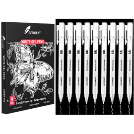 GETHPEN White Gel Pens,0.6mm 08mm 1.0mm Fine Point Opaque White Archival Ink Pen for Black Paper Drawing, Sketching, Illustration, Bullet Journaling, Pack of 9