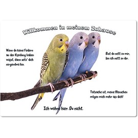 Merchandise for Fans Tin Sign / Warning Sign / Door Sign Aluminium 15 x 20 cm Welcome to My Home Motif Budgie Three Animals on the Pole Size: 15 x 20 cm 01