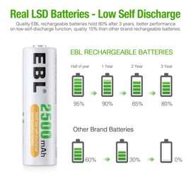 EBL 10 Counts AA Batteries 2500mAh 1.2V High Performance Precharged Ni-MH AA Rechargeable Batteries