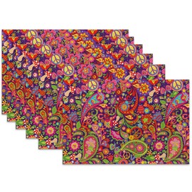 Boho Hippie Flowers Placemats Set of 6,Peace Butterfly Heat Resistant Table Mats Washable Place Mats for Party Kitchen Farmhouse Home Dining Holiday Decor 12x18 Inch