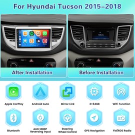 2+64GB Android Car Stereo for Hyundai Tucson 2015-2018 Wireless Carplay Android Auto, 9 Inch Touchscreen Car Radio GPS Navi WiFi Bluetooth Backup Camera FM RDS Radio EQ SWC