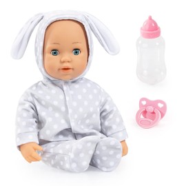Bayer Design 93822AC Anna Baby Doll Speaks 24 Baby Sounds, Soft Body, Sleeping Eyes, Dummy, Bottle, 38 cm, Grey