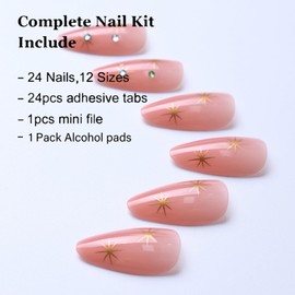 Short Almond Press on Nails Medium Colorful Star Fake Nails with Rhinestones Designs Glitter Full Cover Stick on Nails Pink Glossy Acrylic Nails Glue on Nails for Women Girls Manicure Decoration 24Pcs