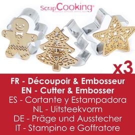 ScrapCooking - Set of 3 Cookie Cutters + Christmas Wooden Embosser - Stainless Steel Cookie Cutters for Relief Pastries - Baking Accessories Sandblasted - 2110