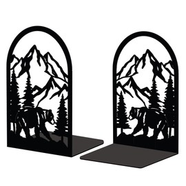 Peacoblue Metal Bookend Stopper Holder Stand for Shelves Decorative, 13.5x11x20 Modern Creative Heavy Duty Study Book End for Desk Shelf, 1 Pair (Mountain and Forest with Bear)