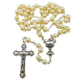 Westman Works First Communion Rosary for Girl's White Glass Beads with Metal Crucifix & Center