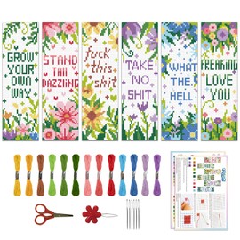 ORIGACH 6 Pcs Cross Stitch Bookmark Kit for Beginner with Backing Felt Floss Instruction Flowers Sayings DIY Stamped Embroidery Bookmark Kit for Starter Book Lovers