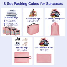 Compression Packing Cubes for Travel, 8 Set Packing Cubes for Suitcases, Breathable Mesh Travel Bags Organizer for Luggage Lightweight Vacation Essentials Accessories (Pink)