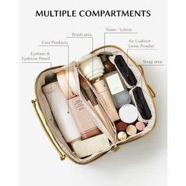 EACHY Makeup Bag, Large Capacity Cosmetic Bags for Women, Waterproof Pearl-Sheen PU Toiletry Bag with Flat-Open Design and Makeup Brush Organizer